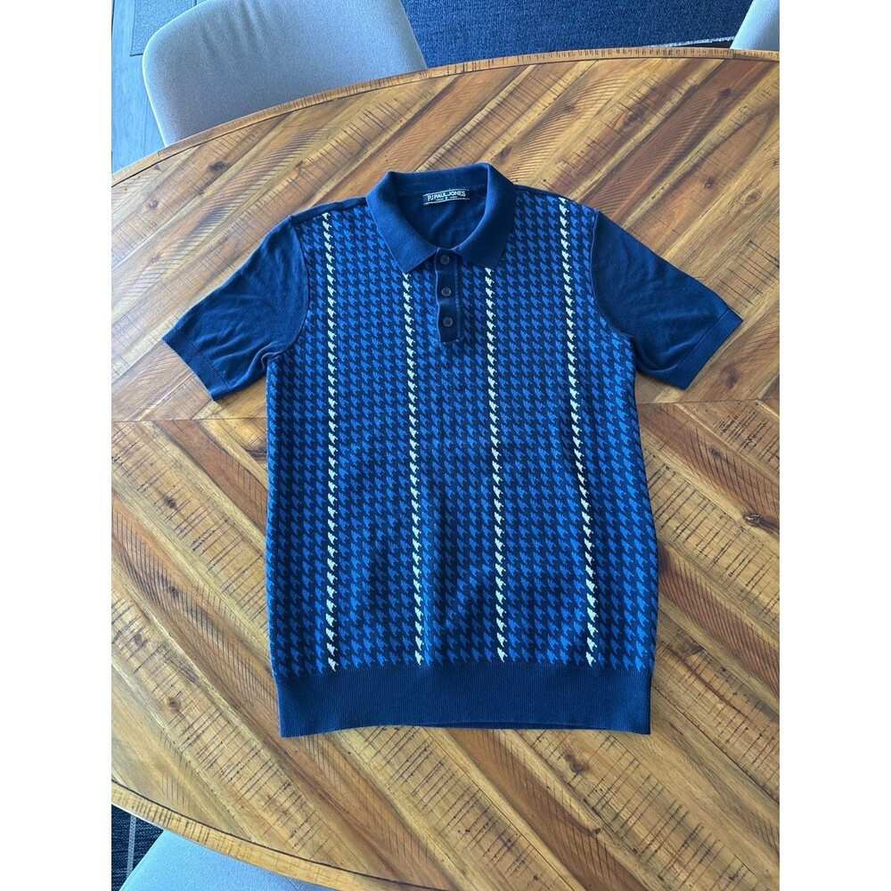 PJ Paul Jones Knit Polo Shirt Men’s Small Blue Houndstooth Short Sleeve EUC